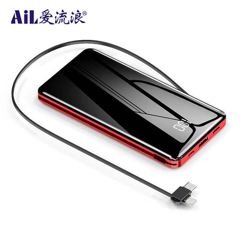 MR05S portable 10000mAh mobile power bank with built-in charging cable