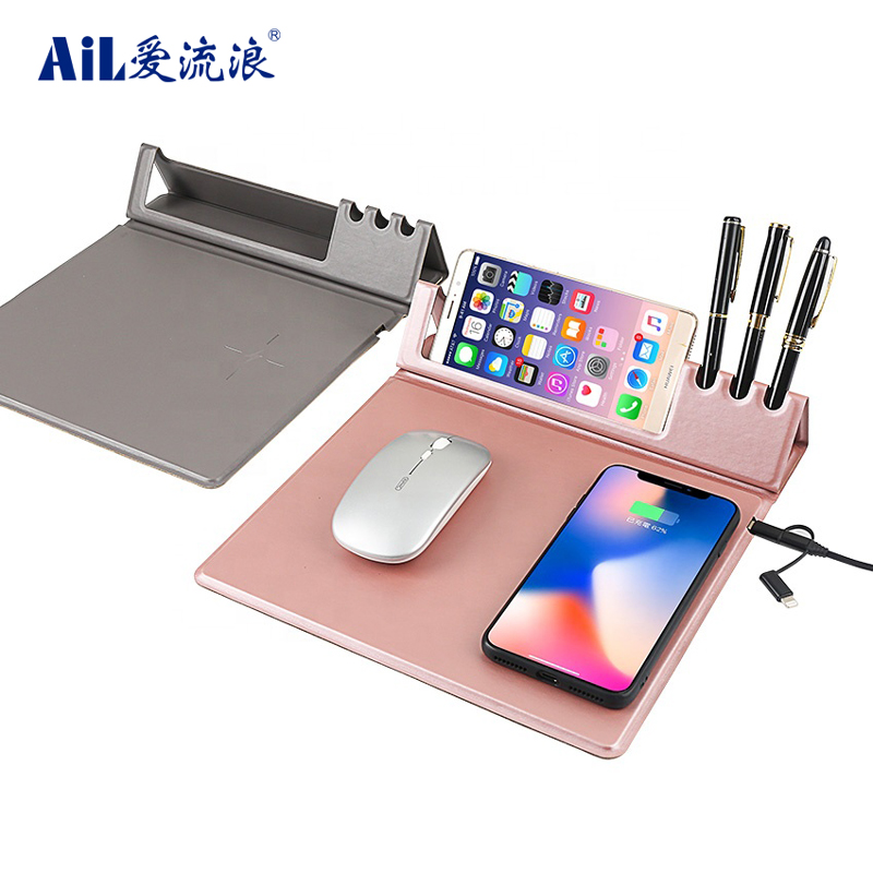 Multifunction Hot sale PU Leather Phone 10W Fast Charging Mouse Pad with Pen Holder
